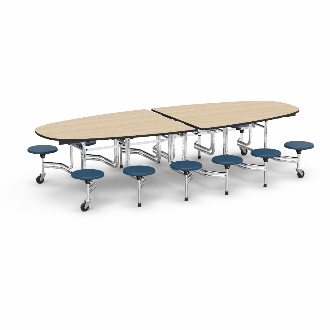 Virco MTS Series Ellipse Mobile Cafeteria Stool Table 45"W x 120"L x 29"H with 15" Seat Height - 12 Stools (MTSE15271012) - SchoolOutlet