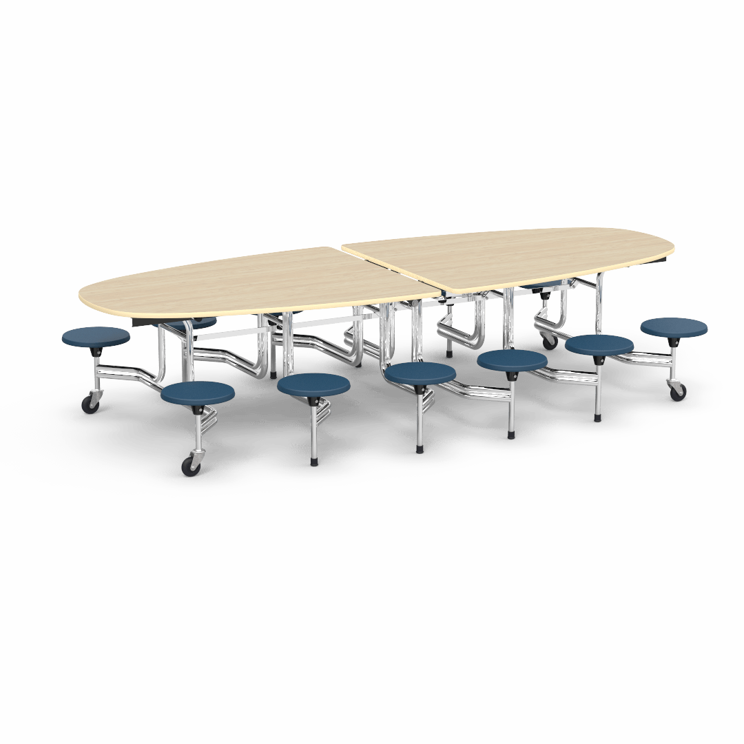 Virco MTS Series Ellipse Mobile Cafeteria Stool Table 45"W x 120"L x 29"H with 15" Seat Height - 12 Stools (MTSE15271012) - SchoolOutlet