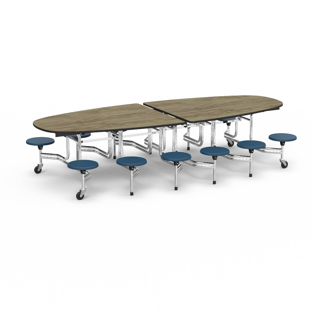 Virco MTS Series Ellipse Mobile Cafeteria Stool Table 45"W x 120"L x 29"H with 15" Seat Height - 12 Stools (MTSE15271012) - SchoolOutlet
