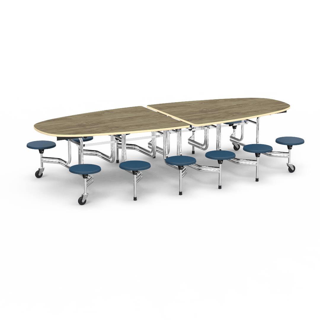 Virco MTS Series Ellipse Mobile Cafeteria Stool Table 45"W x 120"L x 29"H with 15" Seat Height - 12 Stools (MTSE15271012) - SchoolOutlet