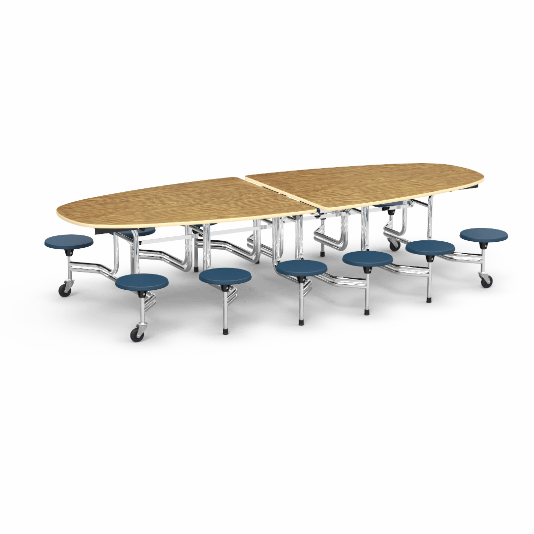 Virco MTS Series Ellipse Mobile Cafeteria Stool Table 45"W x 120"L x 29"H with 15" Seat Height - 12 Stools (MTSE15271012) - SchoolOutlet
