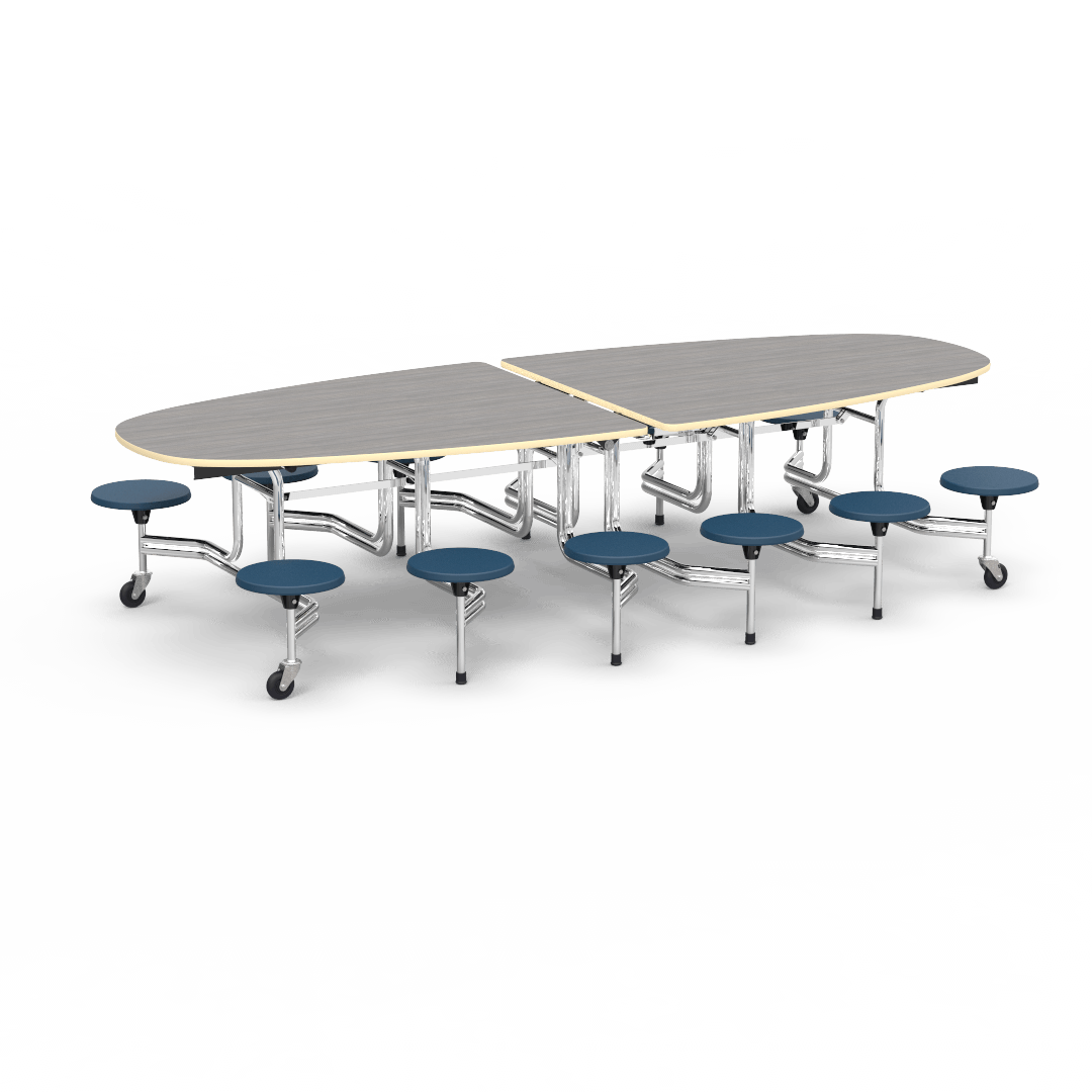 Virco MTS Series Ellipse Mobile Cafeteria Stool Table 45"W x 120"L x 29"H with 15" Seat Height - 12 Stools (MTSE15271012) - SchoolOutlet