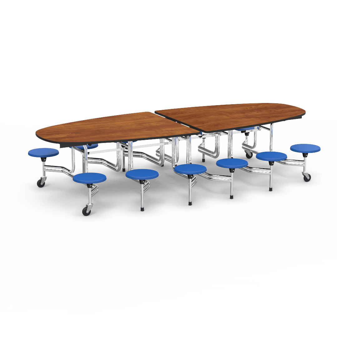 Virco MTS Series Ellipse Mobile Cafeteria Stool Table 45"W x 120"L x 29"H with 15" Seat Height - 12 Stools (MTSE15271012) - SchoolOutlet