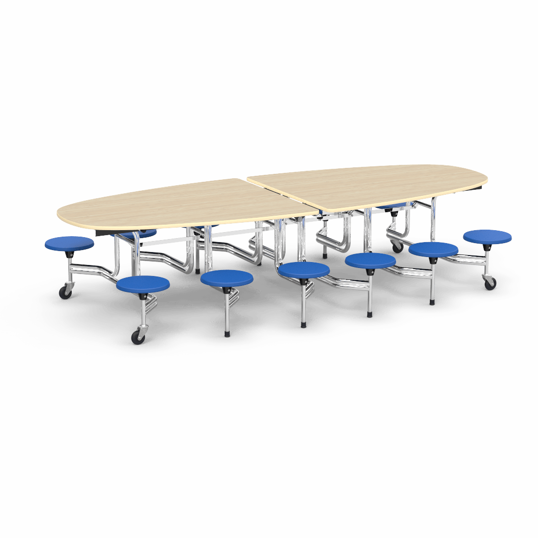 Virco MTS Series Ellipse Mobile Cafeteria Stool Table 45"W x 120"L x 29"H with 15" Seat Height - 12 Stools (MTSE15271012) - SchoolOutlet