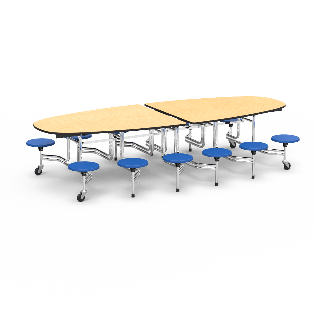 Virco MTS Series Ellipse Mobile Cafeteria Stool Table 45"W x 120"L x 29"H with 15" Seat Height - 12 Stools (MTSE15271012) - SchoolOutlet
