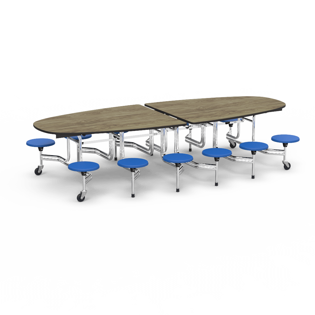 Virco MTS Series Ellipse Mobile Cafeteria Stool Table 45"W x 120"L x 29"H with 15" Seat Height - 12 Stools (MTSE15271012) - SchoolOutlet