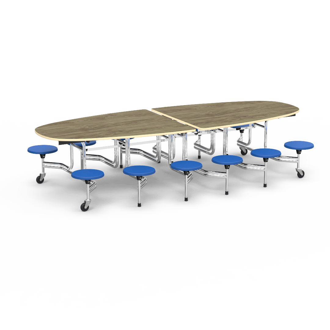 Virco MTS Series Ellipse Mobile Cafeteria Stool Table 45"W x 120"L x 29"H with 15" Seat Height - 12 Stools (MTSE15271012) - SchoolOutlet
