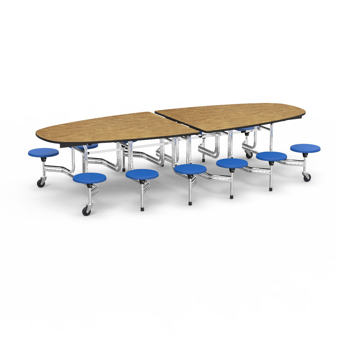 Virco MTS Series Ellipse Mobile Cafeteria Stool Table 45"W x 120"L x 29"H with 15" Seat Height - 12 Stools (MTSE15271012) - SchoolOutlet