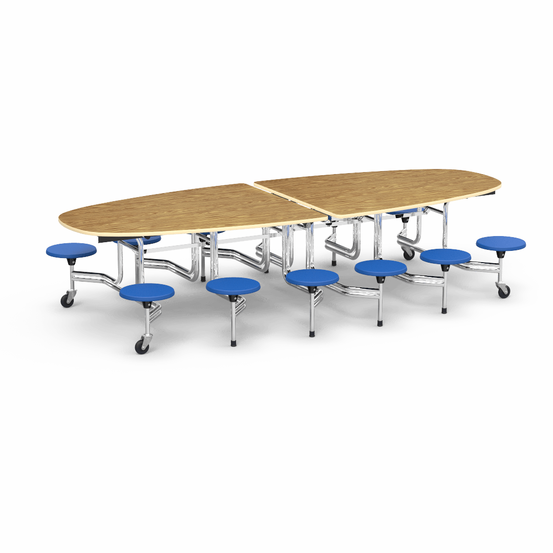 Virco MTS Series Ellipse Mobile Cafeteria Stool Table 45"W x 120"L x 29"H with 15" Seat Height - 12 Stools (MTSE15271012) - SchoolOutlet