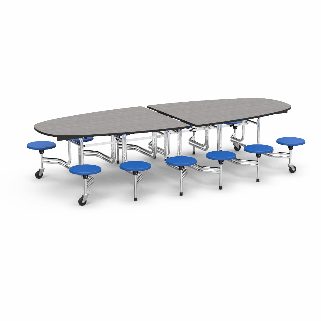 Virco MTS Series Ellipse Mobile Cafeteria Stool Table 45"W x 120"L x 29"H with 15" Seat Height - 12 Stools (MTSE15271012) - SchoolOutlet