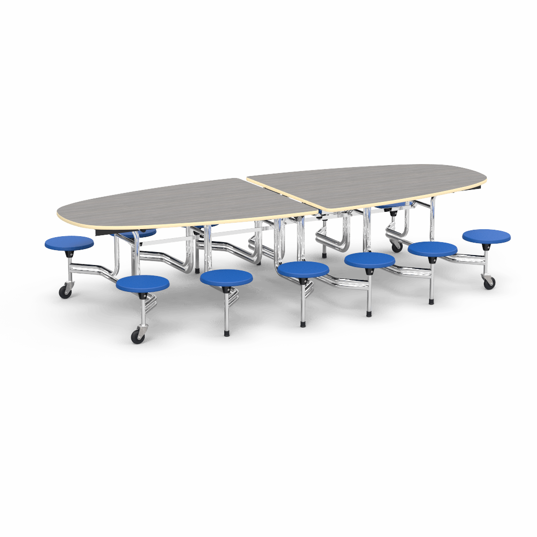 Virco MTS Series Ellipse Mobile Cafeteria Stool Table 45"W x 120"L x 29"H with 15" Seat Height - 12 Stools (MTSE15271012) - SchoolOutlet