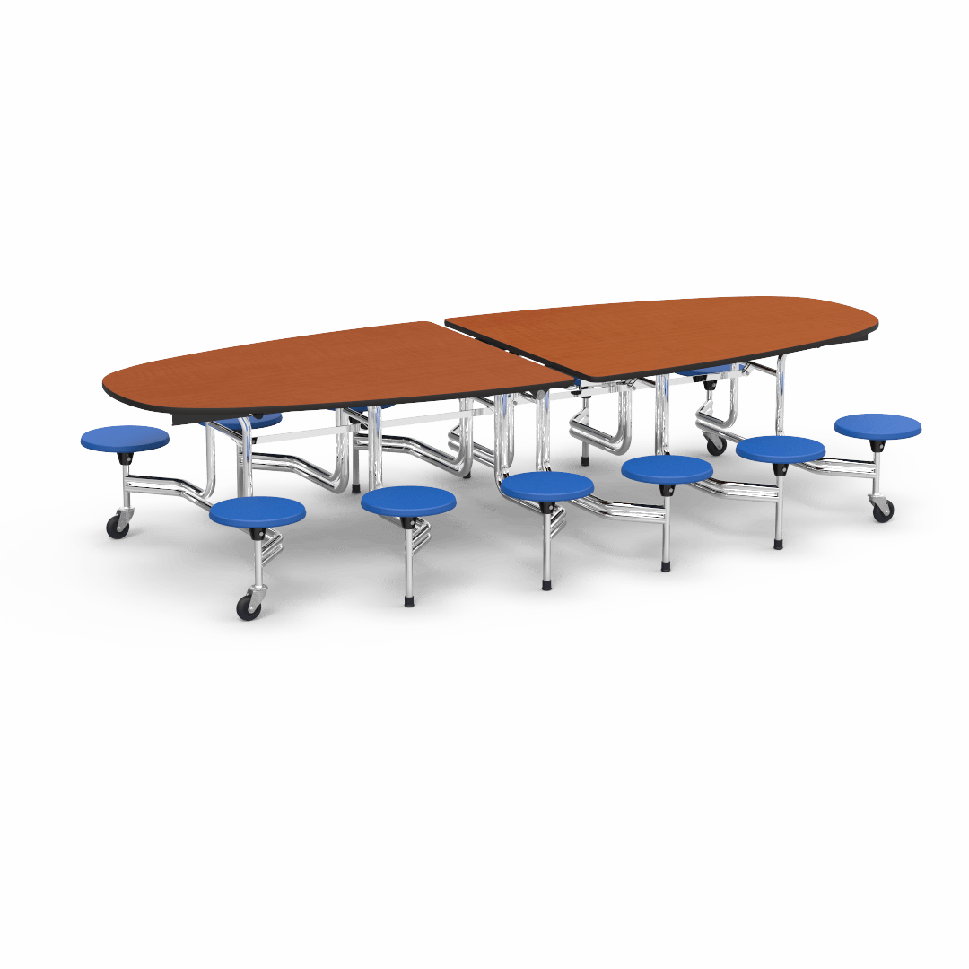 Virco MTS Series Ellipse Mobile Cafeteria Stool Table 45"W x 120"L x 29"H with 15" Seat Height - 12 Stools (MTSE15271012) - SchoolOutlet