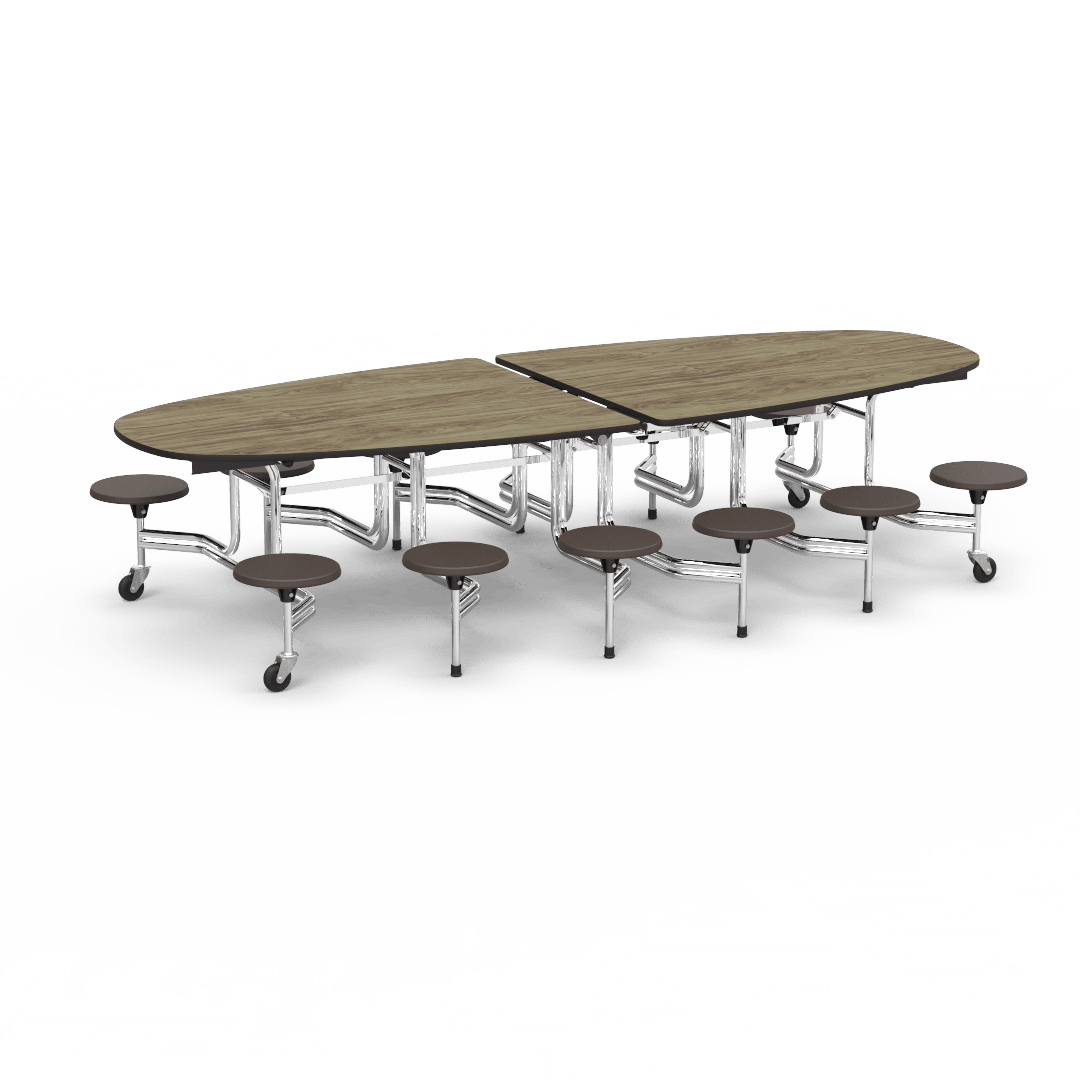Virco MTS Series Ellipse Mobile Cafeteria Stool Table 45"W x 120"L x 29"H with 15" Seat Height - 12 Stools (MTSE15271012) - SchoolOutlet