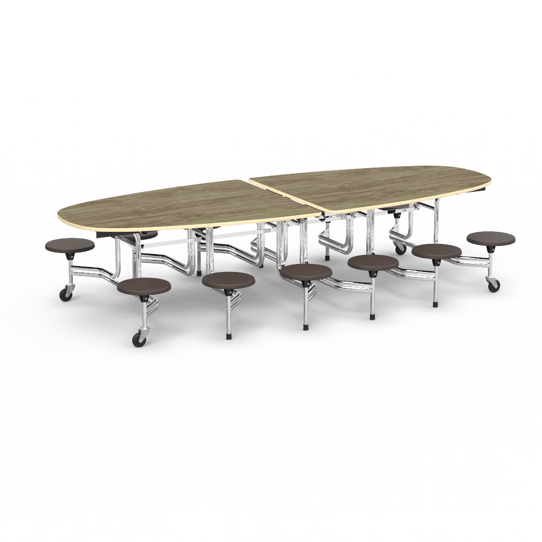 Virco MTS Series Ellipse Mobile Cafeteria Stool Table 45"W x 120"L x 29"H with 15" Seat Height - 12 Stools (MTSE15271012) - SchoolOutlet