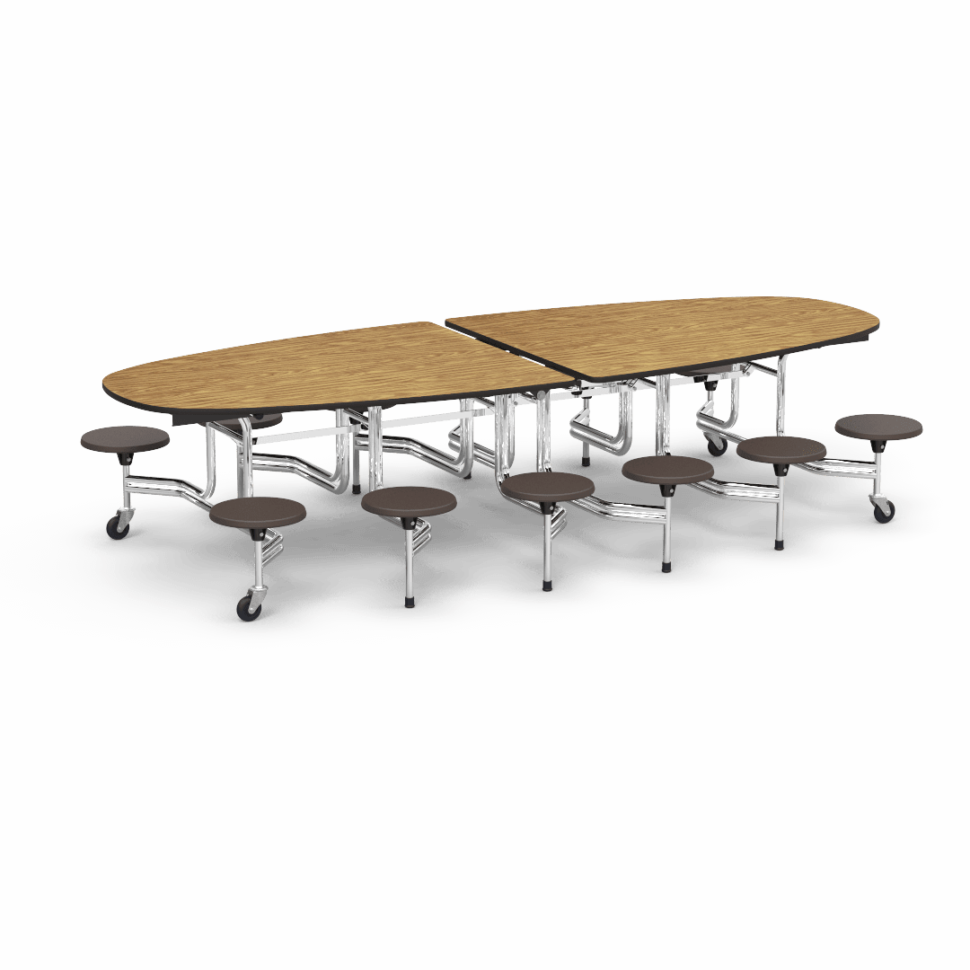 Virco MTS Series Ellipse Mobile Cafeteria Stool Table 45"W x 120"L x 29"H with 15" Seat Height - 12 Stools (MTSE15271012) - SchoolOutlet