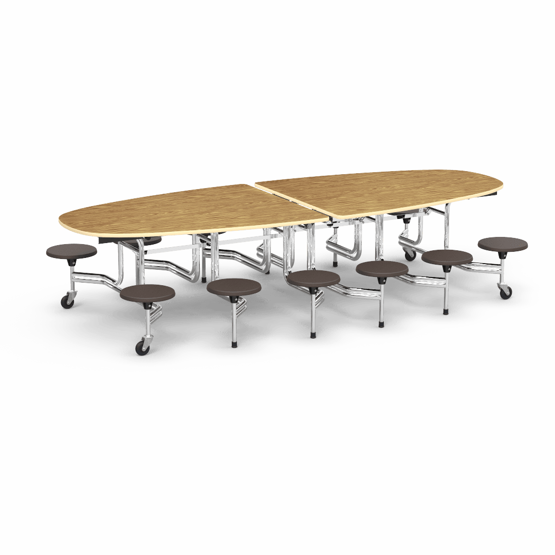 Virco MTS Series Ellipse Mobile Cafeteria Stool Table 45"W x 120"L x 29"H with 15" Seat Height - 12 Stools (MTSE15271012) - SchoolOutlet