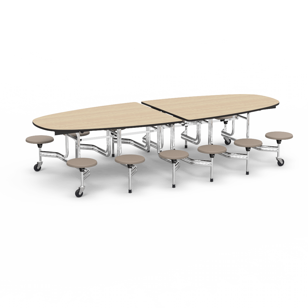 Virco MTS Series Ellipse Mobile Cafeteria Stool Table 45"W x 120"L x 29"H with 15" Seat Height - 12 Stools (MTSE15271012) - SchoolOutlet