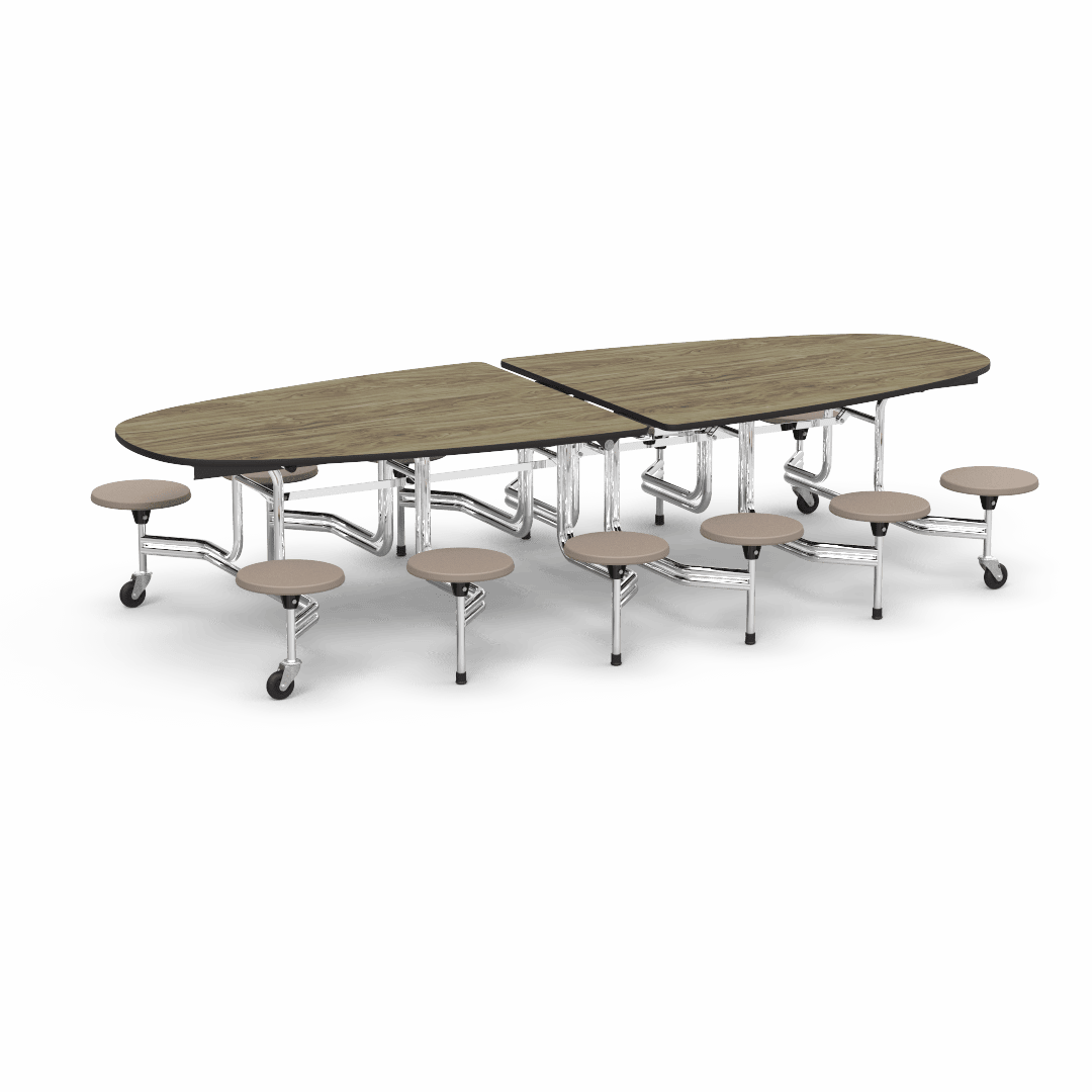 Virco MTS Series Ellipse Mobile Cafeteria Stool Table 45"W x 120"L x 29"H with 15" Seat Height - 12 Stools (MTSE15271012) - SchoolOutlet