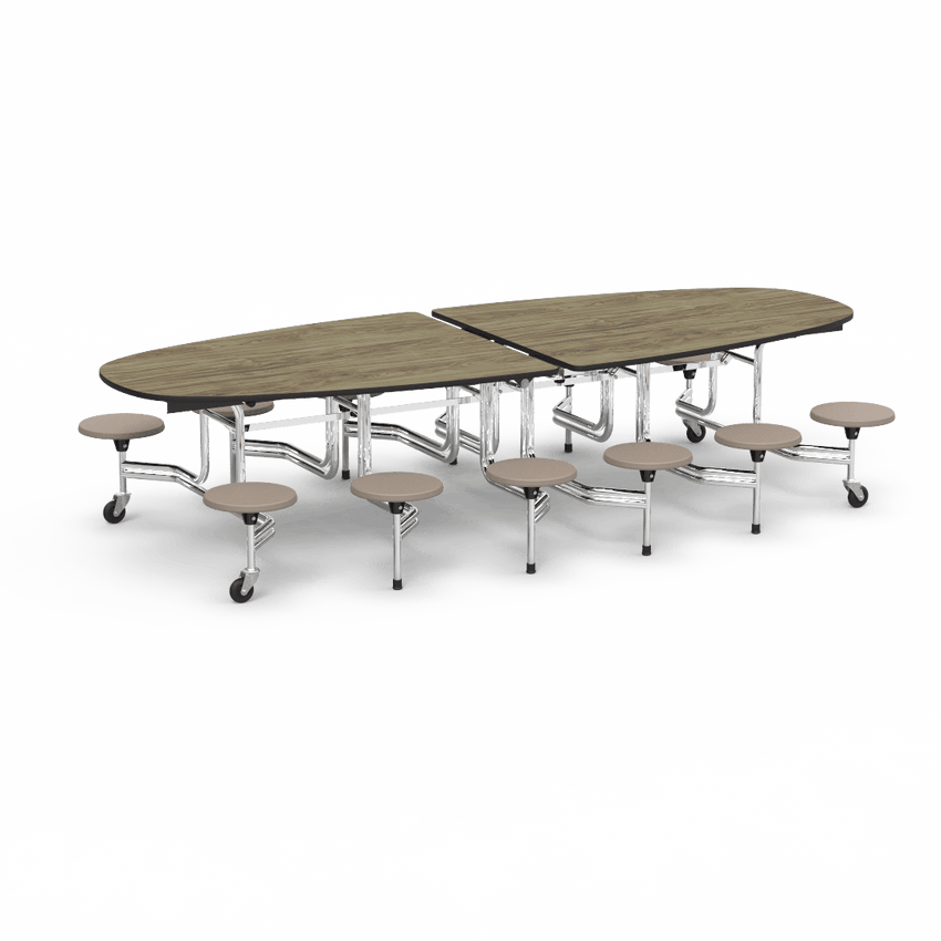 Virco MTS Series Ellipse Mobile Cafeteria Stool Table 45"W x 120"L x 29"H with 15" Seat Height - 12 Stools (MTSE15271012) - SchoolOutlet