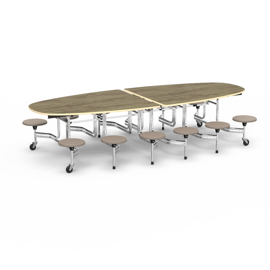 Virco MTS Series Ellipse Mobile Cafeteria Stool Table 45"W x 120"L x 29"H with 15" Seat Height - 12 Stools (MTSE15271012) - SchoolOutlet