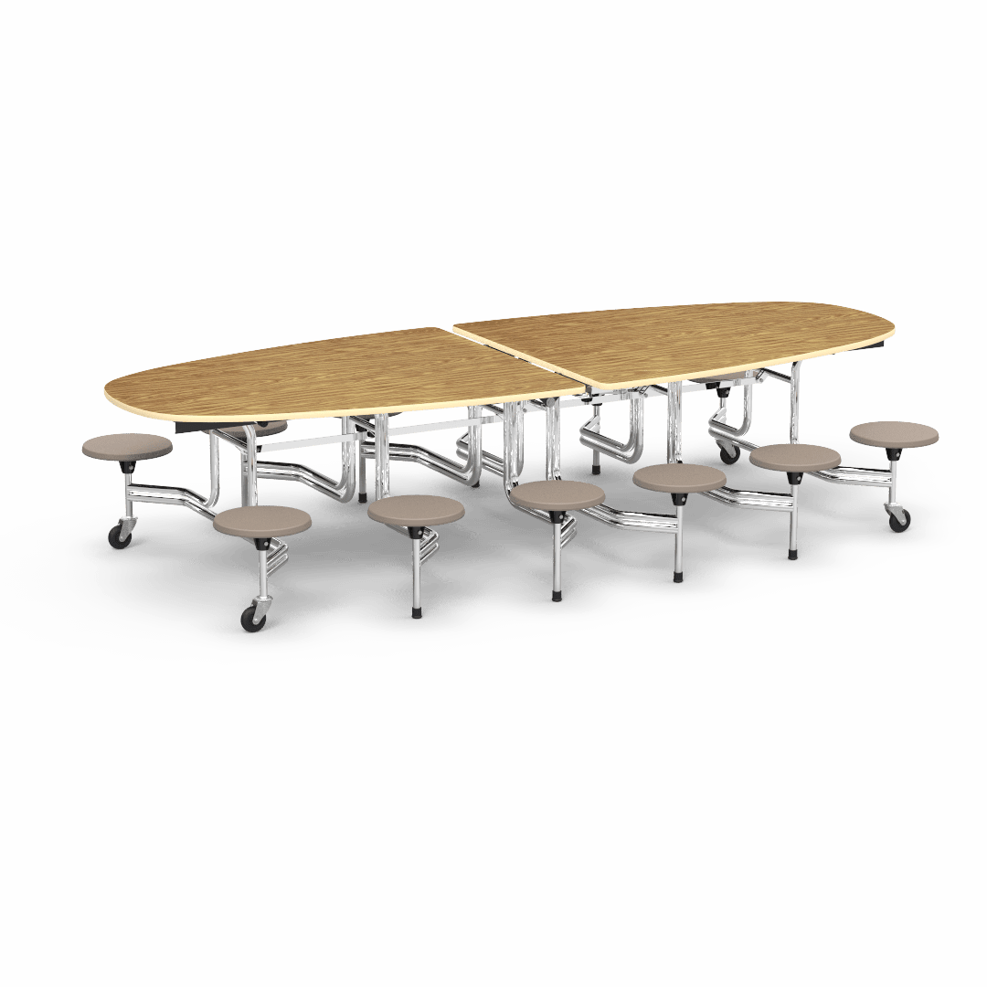 Virco MTS Series Ellipse Mobile Cafeteria Stool Table 45"W x 120"L x 29"H with 15" Seat Height - 12 Stools (MTSE15271012) - SchoolOutlet