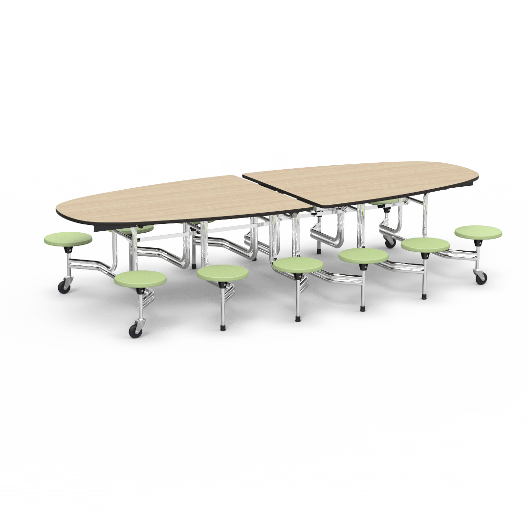 Virco MTS Series Ellipse Mobile Cafeteria Stool Table 45"W x 120"L x 29"H with 15" Seat Height - 12 Stools (MTSE15271012) - SchoolOutlet