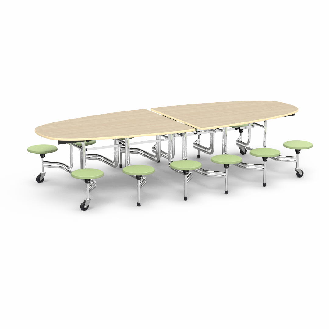 Virco MTS Series Ellipse Mobile Cafeteria Stool Table 45"W x 120"L x 29"H with 15" Seat Height - 12 Stools (MTSE15271012) - SchoolOutlet