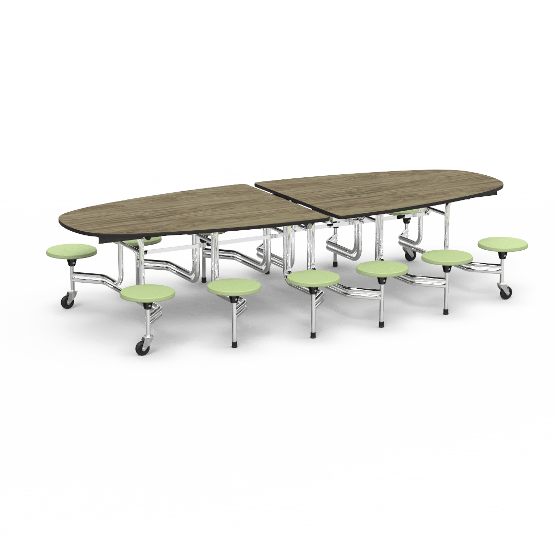 Virco MTS Series Ellipse Mobile Cafeteria Stool Table 45"W x 120"L x 29"H with 15" Seat Height - 12 Stools (MTSE15271012) - SchoolOutlet