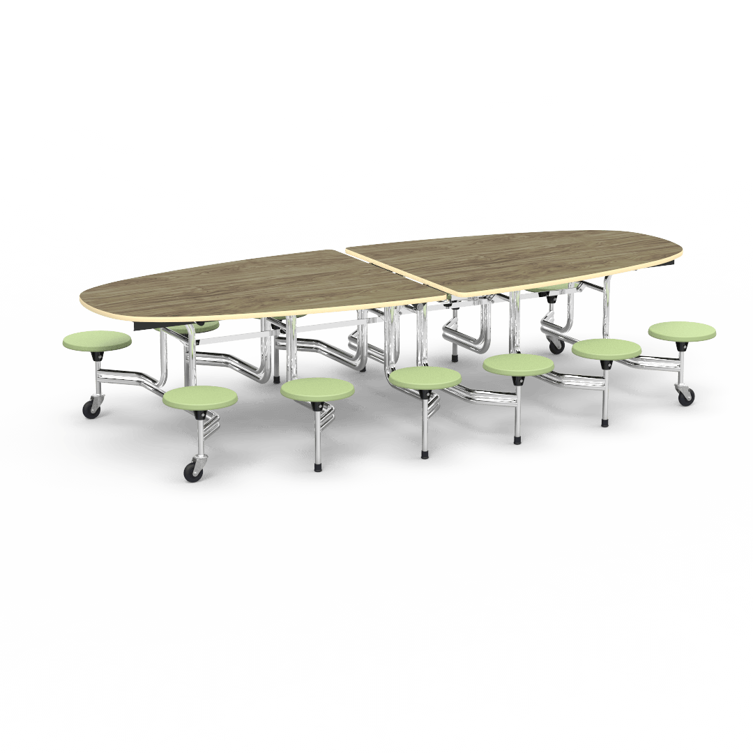 Virco MTS Series Ellipse Mobile Cafeteria Stool Table 45"W x 120"L x 29"H with 15" Seat Height - 12 Stools (MTSE15271012) - SchoolOutlet