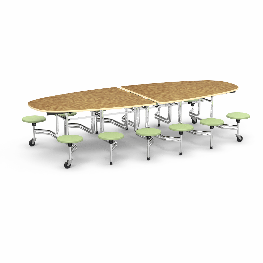Virco MTS Series Ellipse Mobile Cafeteria Stool Table 45"W x 120"L x 29"H with 15" Seat Height - 12 Stools (MTSE15271012) - SchoolOutlet