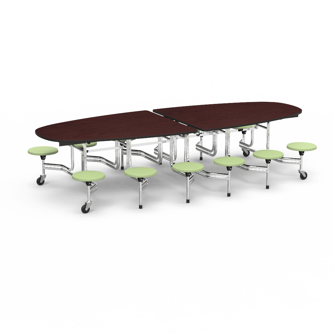 Virco MTS Series Ellipse Mobile Cafeteria Stool Table 45"W x 120"L x 29"H with 15" Seat Height - 12 Stools (MTSE15271012) - SchoolOutlet