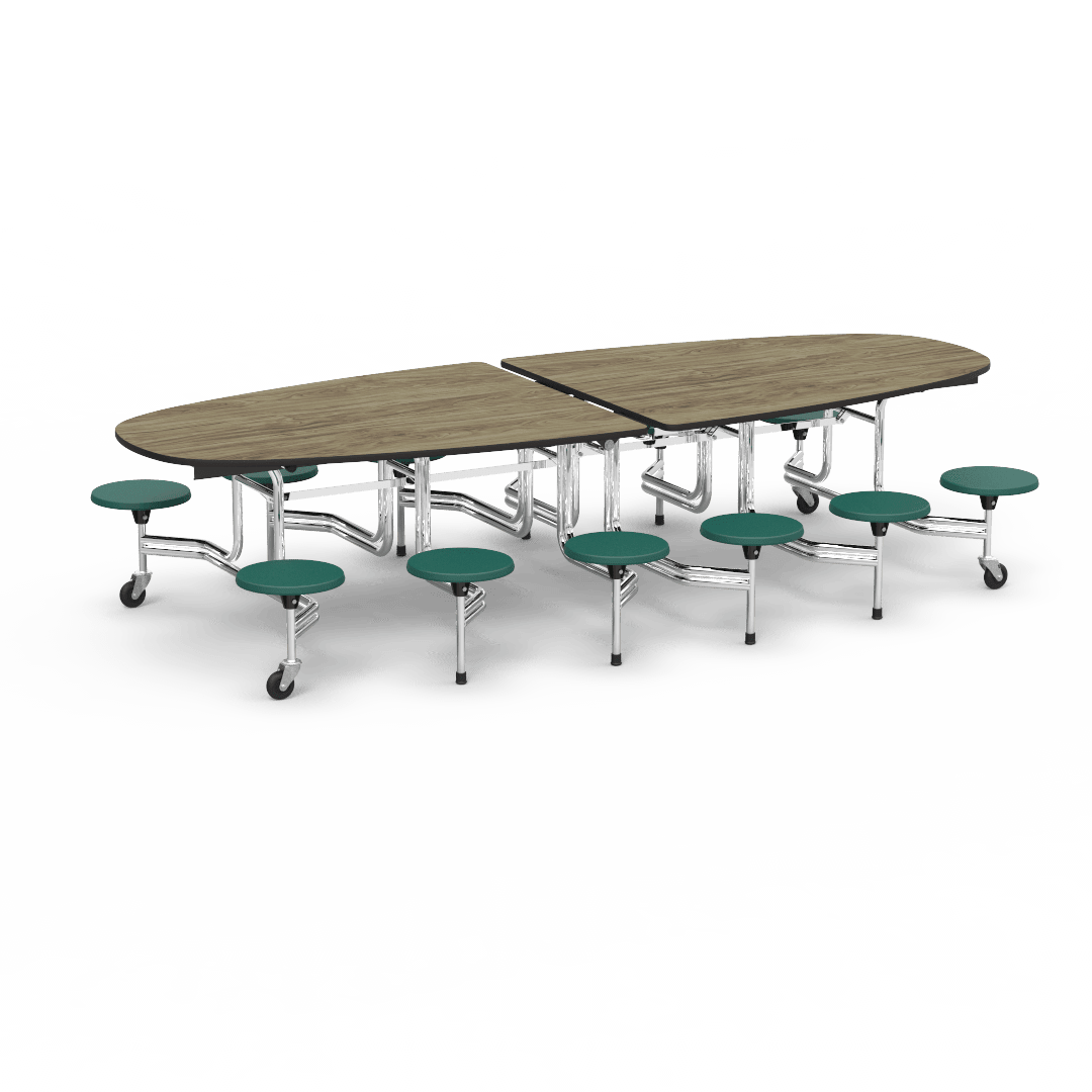 Virco MTS Series Ellipse Mobile Cafeteria Stool Table 45"W x 120"L x 29"H with 15" Seat Height - 12 Stools (MTSE15271012) - SchoolOutlet