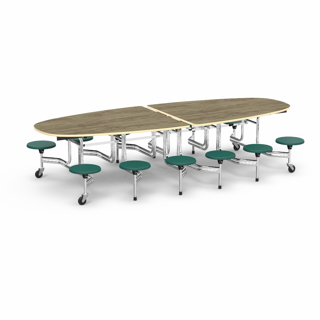 Virco MTS Series Ellipse Mobile Cafeteria Stool Table 45"W x 120"L x 29"H with 15" Seat Height - 12 Stools (MTSE15271012) - SchoolOutlet