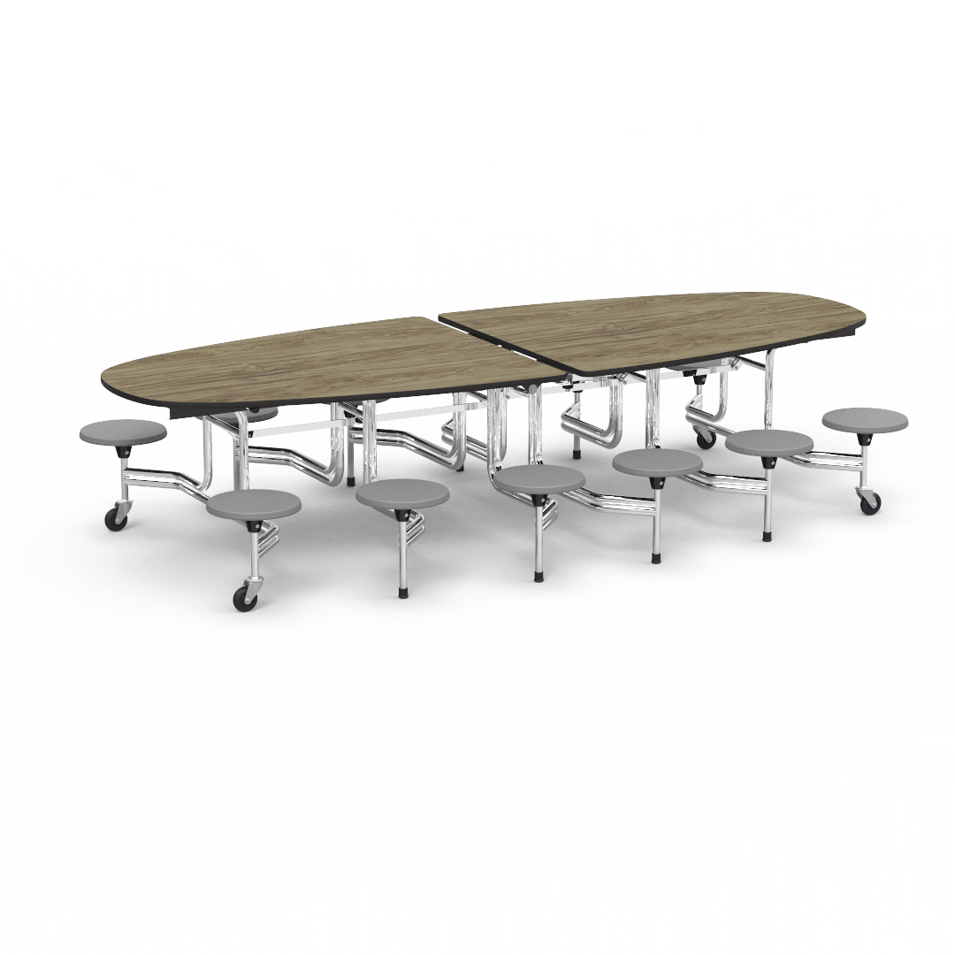 Virco MTS Series Ellipse Mobile Cafeteria Stool Table 45"W x 120"L x 29"H with 15" Seat Height - 12 Stools (MTSE15271012) - SchoolOutlet