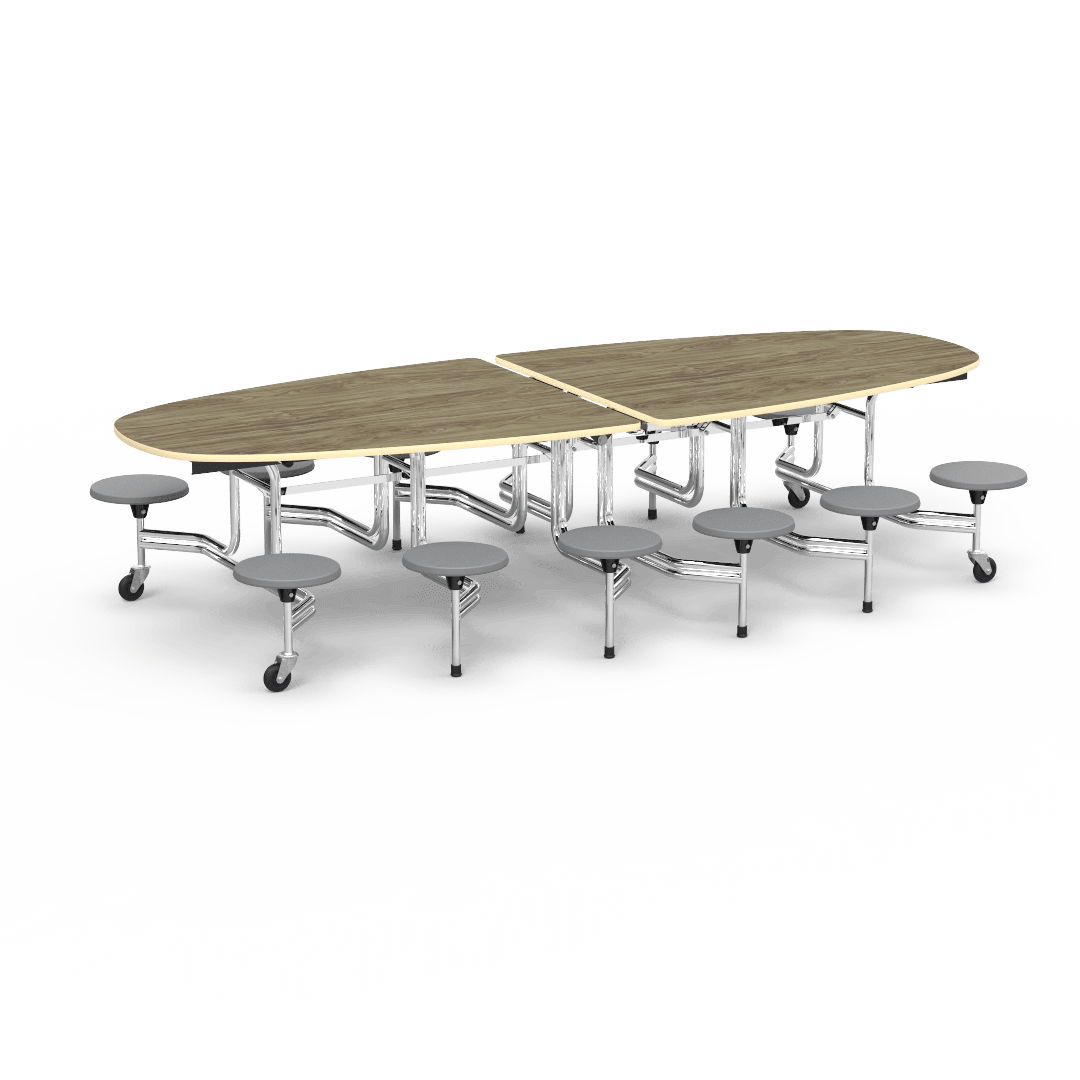 Virco MTS Series Ellipse Mobile Cafeteria Stool Table 45"W x 120"L x 29"H with 15" Seat Height - 12 Stools (MTSE15271012) - SchoolOutlet