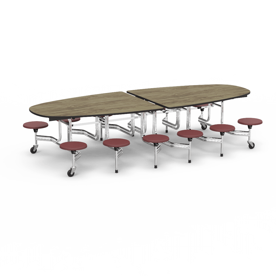 Virco MTS Series Ellipse Mobile Cafeteria Stool Table 45"W x 120"L x 29"H with 15" Seat Height - 12 Stools (MTSE15271012) - SchoolOutlet