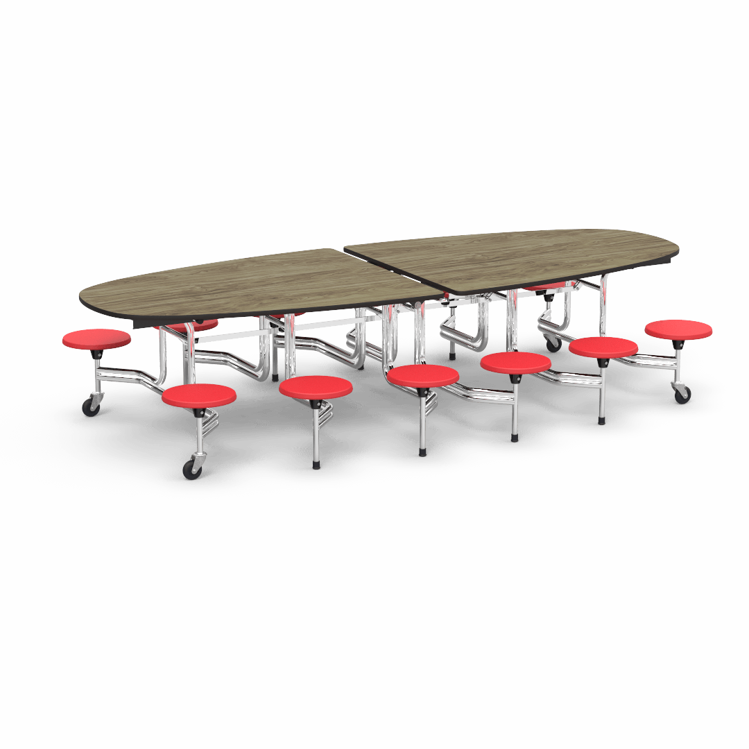 Virco MTS Series Ellipse Mobile Cafeteria Stool Table 45"W x 120"L x 29"H with 15" Seat Height - 12 Stools (MTSE15271012) - SchoolOutlet