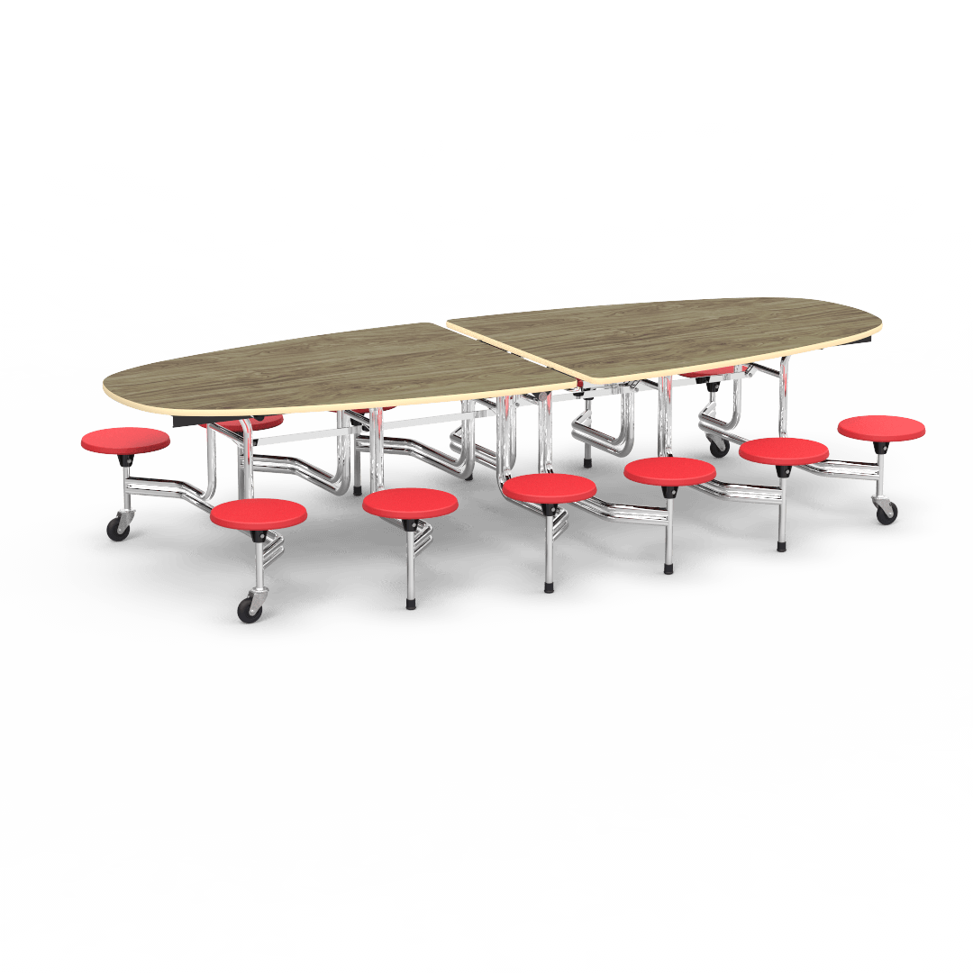 Virco MTS Series Ellipse Mobile Cafeteria Stool Table 45"W x 120"L x 29"H with 15" Seat Height - 12 Stools (MTSE15271012) - SchoolOutlet