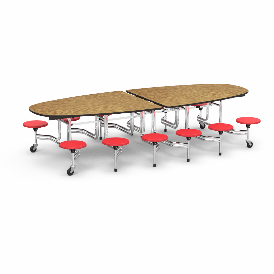 Virco MTS Series Ellipse Mobile Cafeteria Stool Table 45"W x 120"L x 29"H with 15" Seat Height - 12 Stools (MTSE15271012) - SchoolOutlet