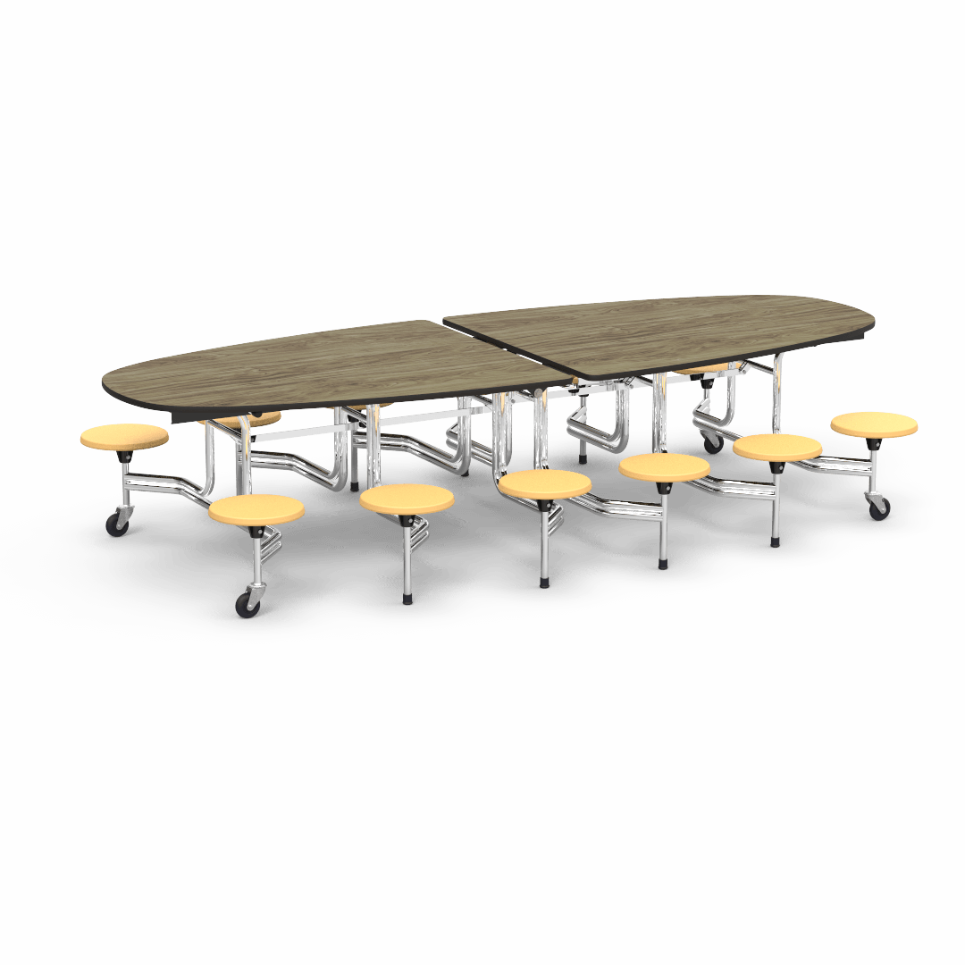 Virco MTS Series Ellipse Mobile Cafeteria Stool Table 45"W x 120"L x 29"H with 15" Seat Height - 12 Stools (MTSE15271012) - SchoolOutlet
