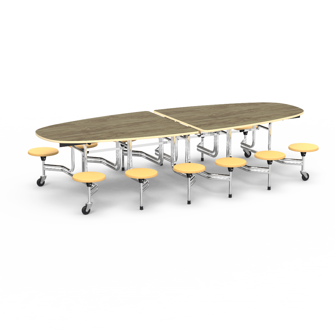 Virco MTS Series Ellipse Mobile Cafeteria Stool Table 45"W x 120"L x 29"H with 15" Seat Height - 12 Stools (MTSE15271012) - SchoolOutlet