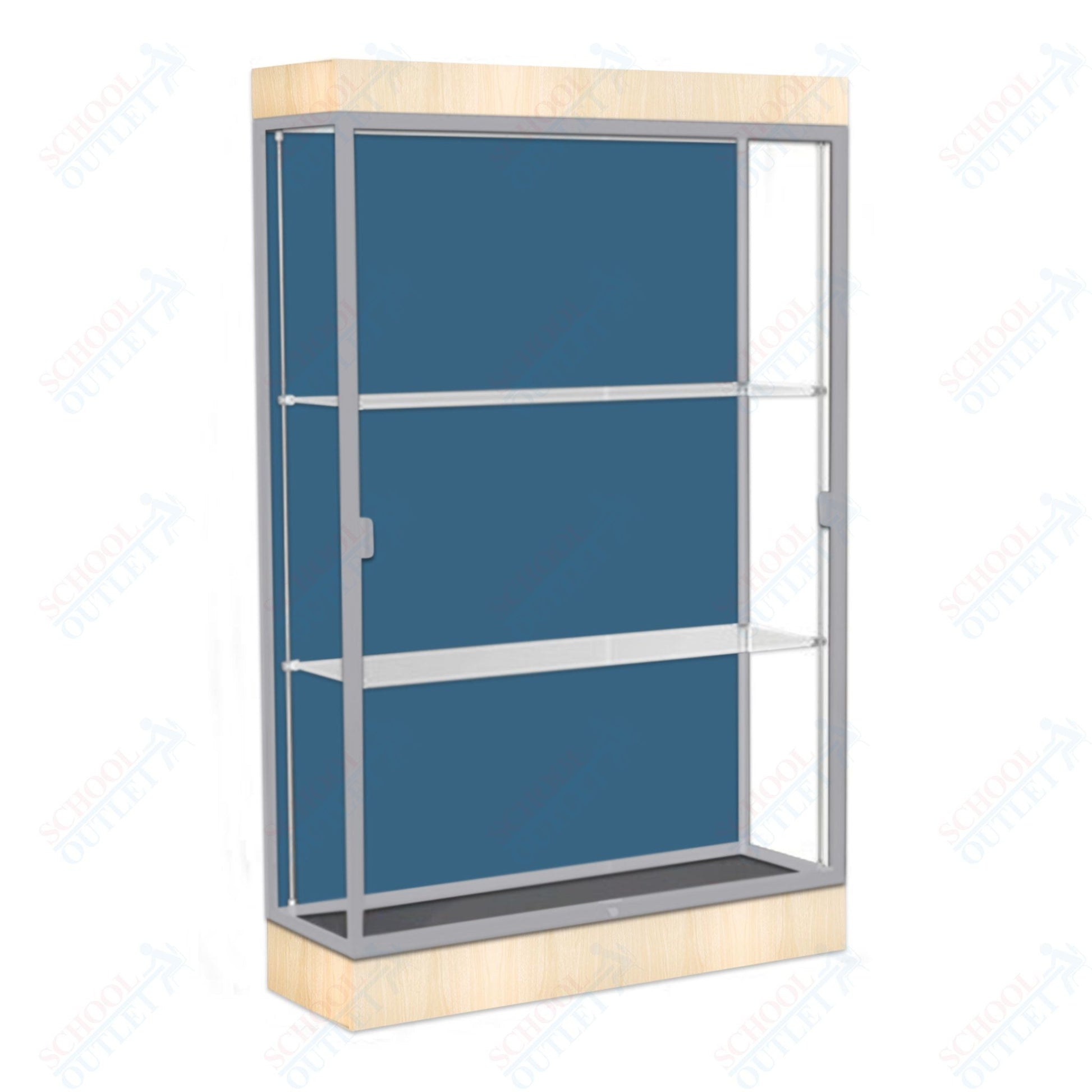 Waddell Edge 92 Lighted Floor Case w/ Blue Steel Back & Satin Natural Frame - 48"W x 76"H x 20"D(Waddell WAD - 92LFBS - SN) - SchoolOutlet
