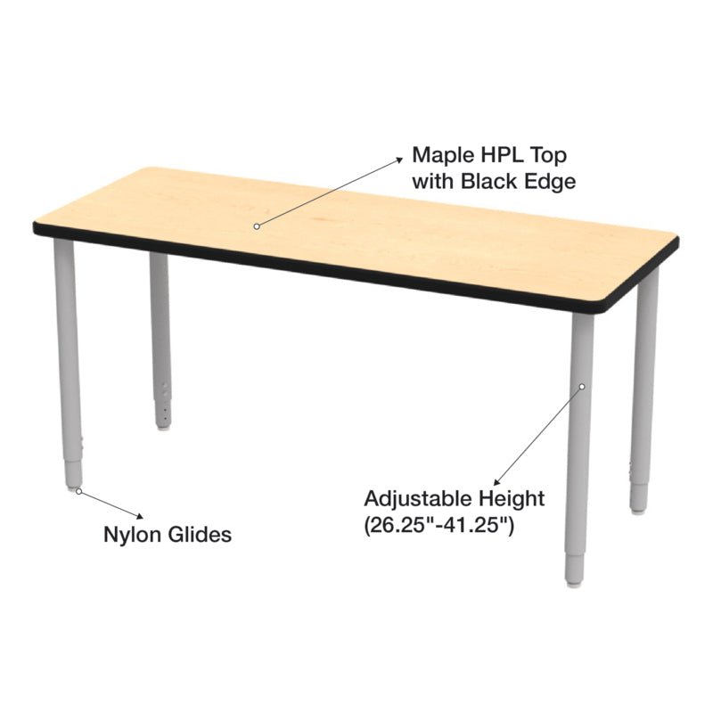 WB Manufacturing ELO Rectangular School Classroom Table, 24" x 60", Adjustable Height 26.25" - 40.25" Silver 2" Legs with Nylon Glides (WBM - ELP7071 - ADJG4 - C88) - SchoolOutlet