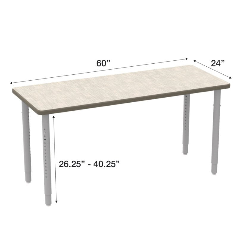 WB Manufacturing ELO Rectangular School Classroom Table, 24" x 60", Adjustable Height 26.25" - 40.25" Silver 2" Legs with Nylon Glides (WBM - ELP7071 - ADJG4 - D17 - S05) - SchoolOutlet