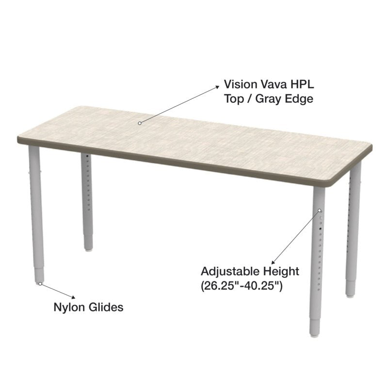 WB Manufacturing ELO Rectangular School Classroom Table, 24" x 60", Adjustable Height 26.25" - 40.25" Silver 2" Legs with Nylon Glides (WBM - ELP7071 - ADJG4 - D17 - S05) - SchoolOutlet