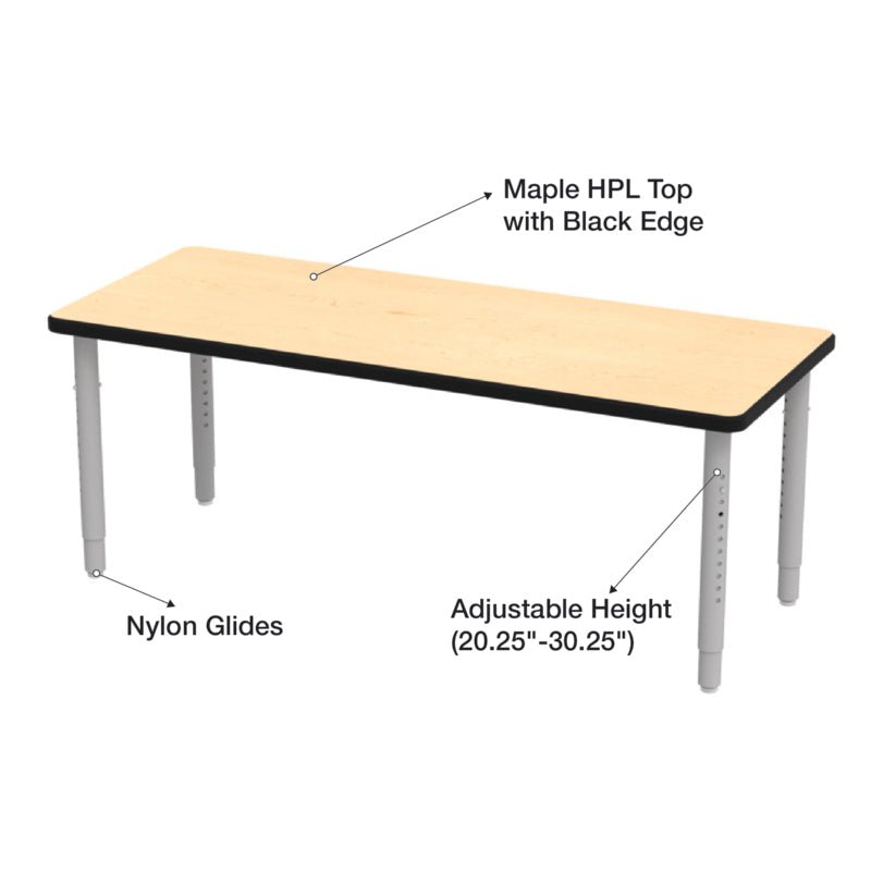 WB Manufacturing ELO Rectangular School Classroom Table, 24" x 60", Adjustable Height 20.25" - 30.25" Silver 2" Legs with Nylon Glides (WBM - ELP7071 - EJAG4 - C88) - SchoolOutlet