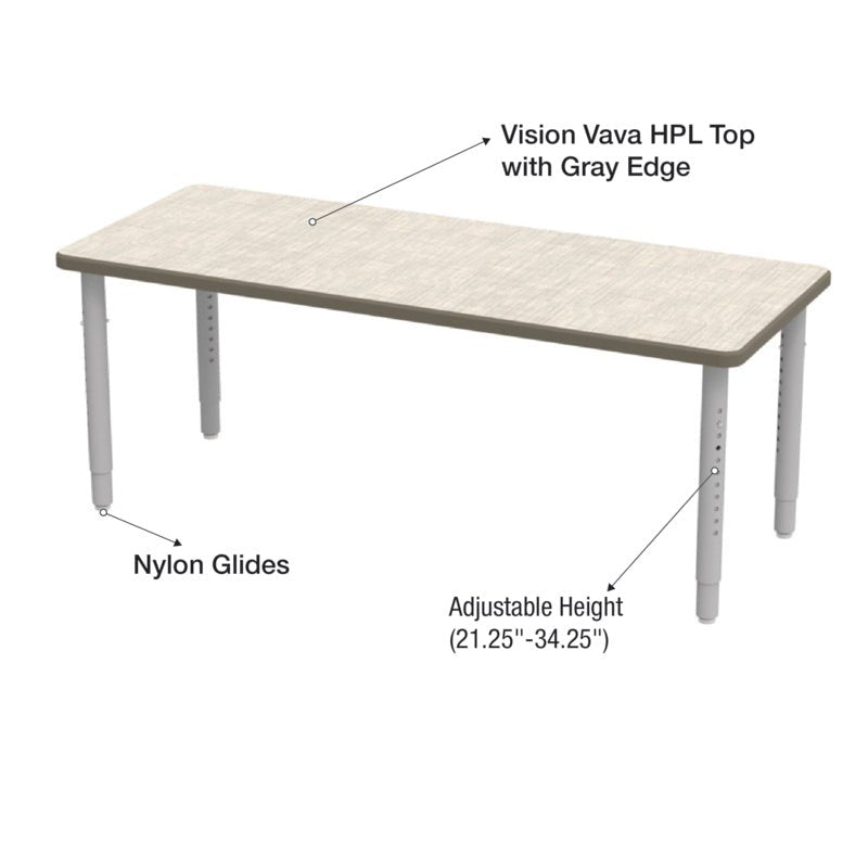 WB Manufacturing ELO Rectangular School Classroom Table, 24" x 60", Adjustable Height 20.25" - 30.25" Silver 2" Legs with Nylon Glides (WBM - ELP7071 - EJAG4 - D17 - S05) - SchoolOutlet