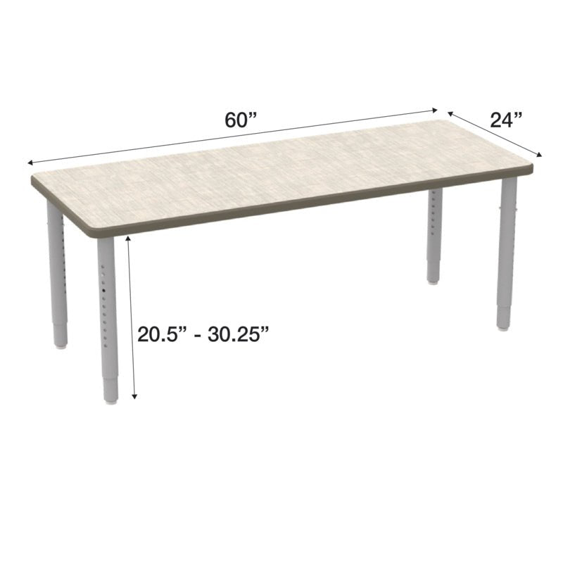 WB Manufacturing ELO Rectangular School Classroom Table, 24" x 60", Adjustable Height 20.25" - 30.25" Silver 2" Legs with Nylon Glides (WBM - ELP7071 - EJAG4 - D17 - S05) - SchoolOutlet