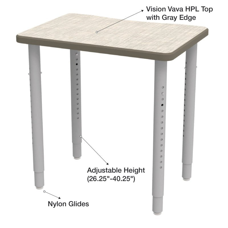 WB Manufacturing ELO Plymouth II Classroom Desk, 20" x 28.5" HPL Top, Adjustable Height 26.25" - 40.25" Silver 2" Legs with Nylon Glides (WBM - ELP7366 - ADJG4) - SchoolOutlet