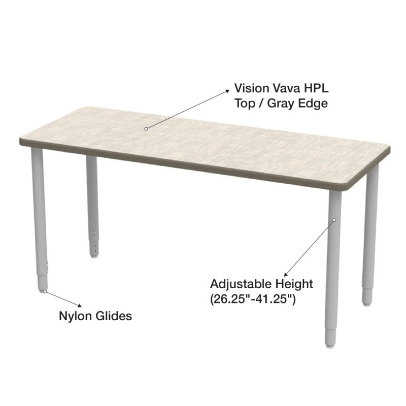 WB Manufacturing ELO Rectangular School Classroom Table, 24" x 60" HPL Top, Adjustable Height 26.25" - 41.25" Silver 2" Legs with Nylon Glides (WBM - ELS7071 - ADJG4) - SchoolOutlet